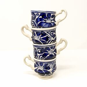 Vintage Mexican Talavera Pottery Coffee Cups Set of 4 Blue White Hand Painted
